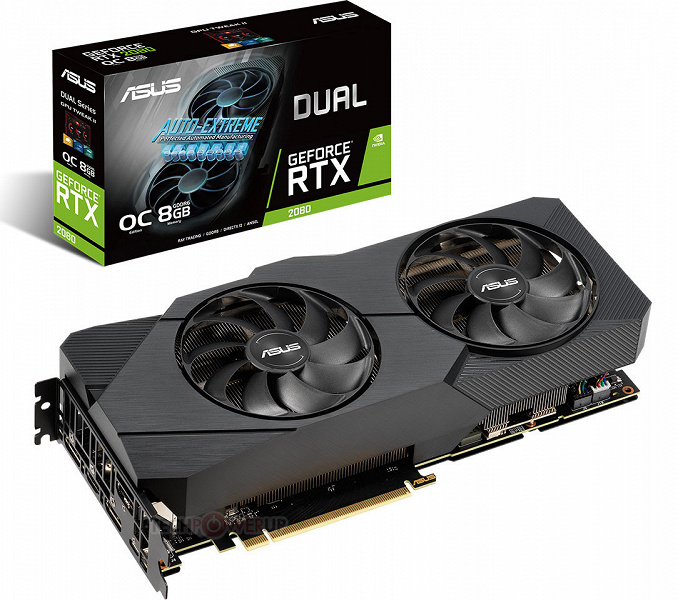Концы лопастей вентиляторов системы охлаждения 3D-карты Asus GeForce RTX 2080 Dual EVO соединены в кольцо