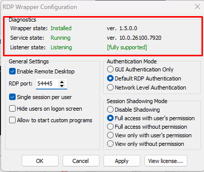 Статус работы RDP Wrapper в утилите RDPConf